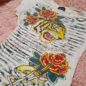 Vintage wet seal Tiger & Roses bling burnt-out shirt XS